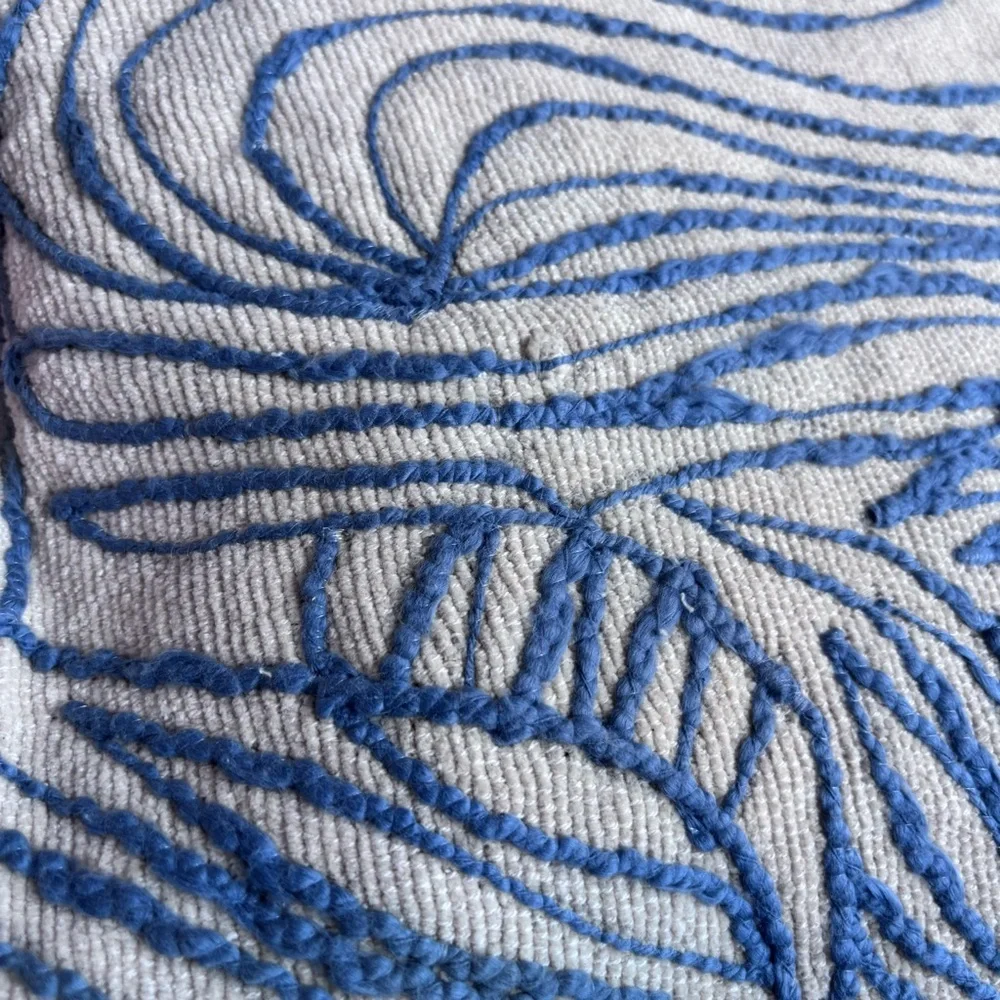 Bloomingville, Natural and Blue Azure Lines Embroidered Cotton Pillow 20 x 20”